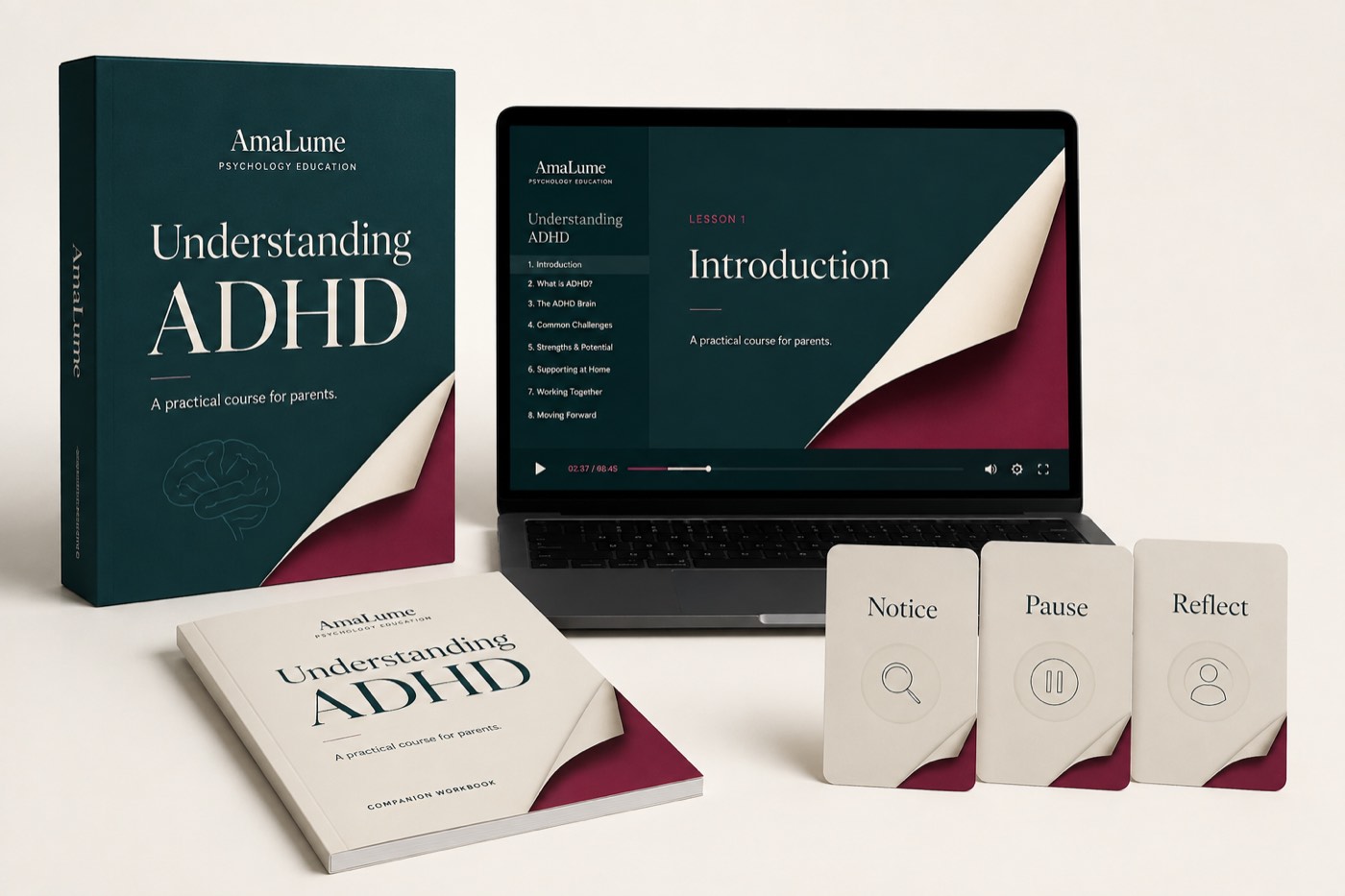 The Understanding ADHD course: lessons on a laptop, companion workbook, and practice cards