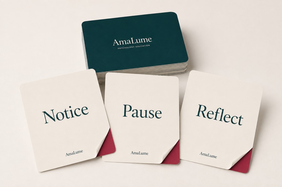 Notice, Pause, and Reflect practice cards with their deck
