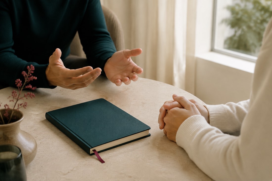Two people in a quiet conversation across a table
