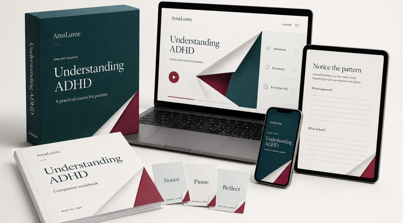 The Understanding ADHD course shown across a course box, laptop lessons, companion workbook, practice cards, phone, and tablet