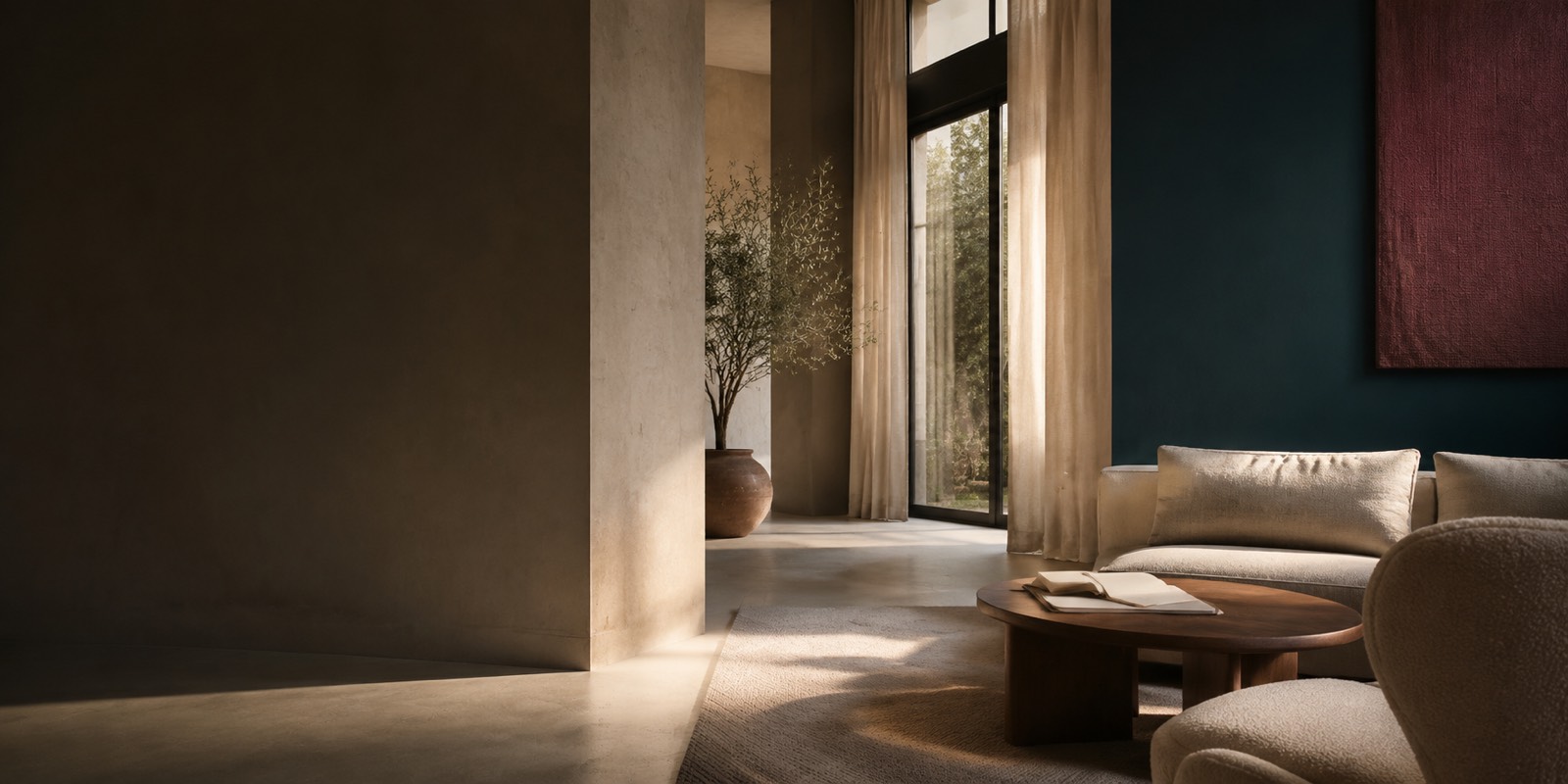 A quiet, light-filled sitting room with deep petrol walls and an open journal on the table