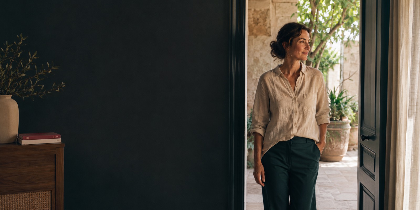 A woman standing at an open doorway, looking toward the light