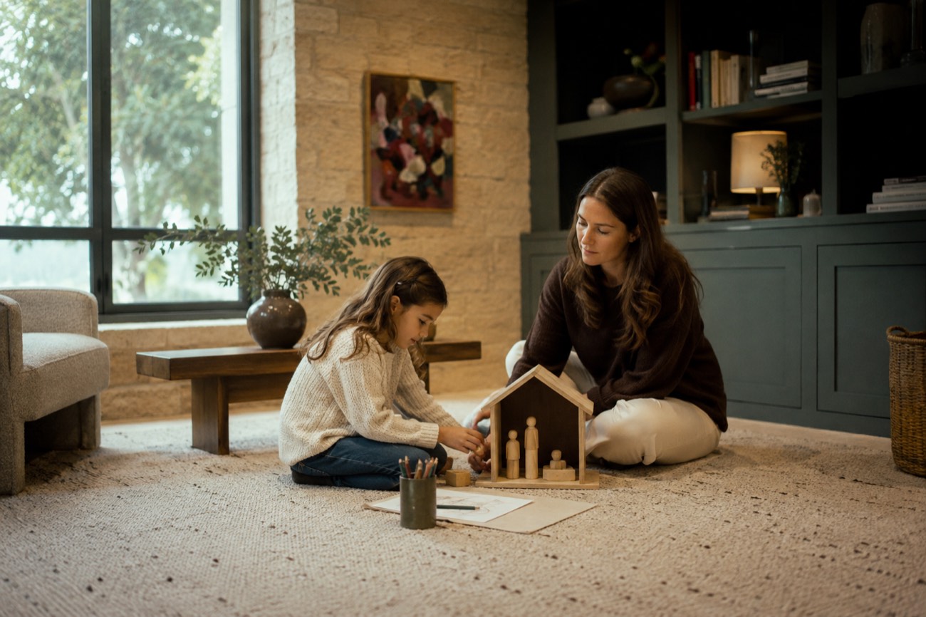 A child building with wooden figures while a therapist gives attentive space