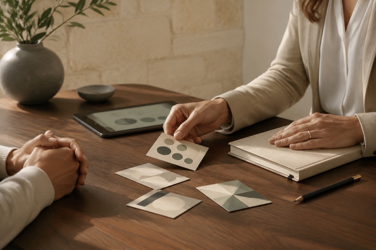 A clinician presenting a simple visual card during a calm assessment conversation