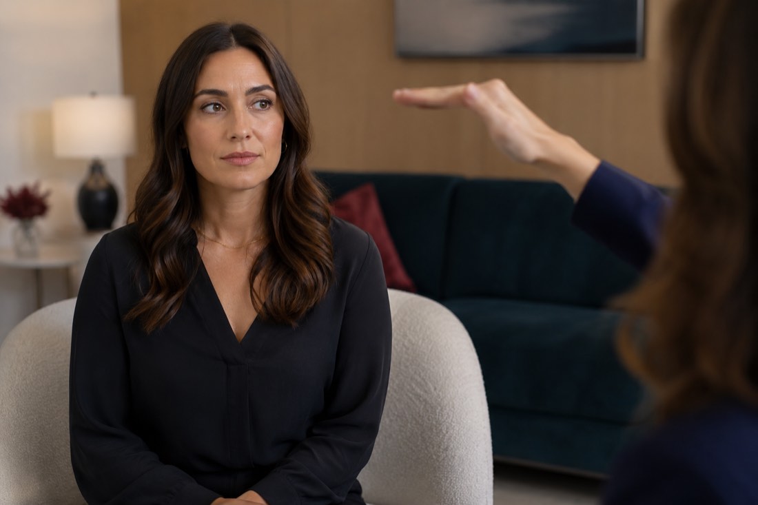 A woman following a therapist's hand during a guided eye-movement exercise