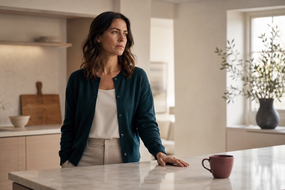 A thoughtful woman pausing quietly at a kitchen counter