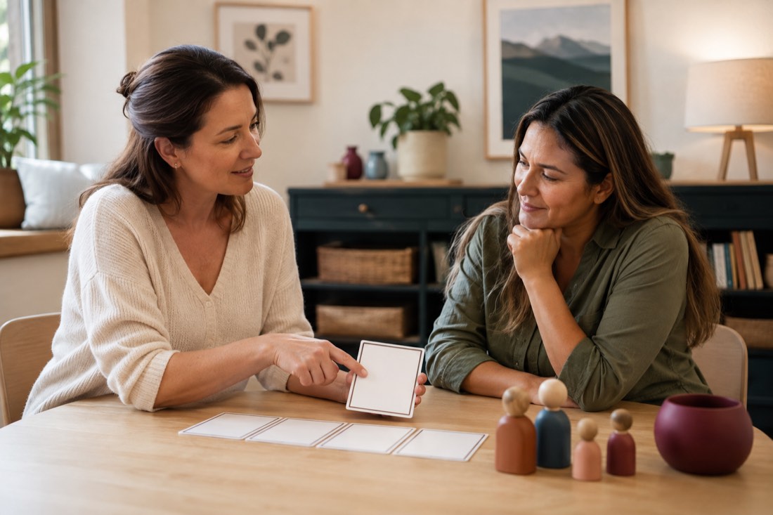 A therapist and parent reviewing routine cards together