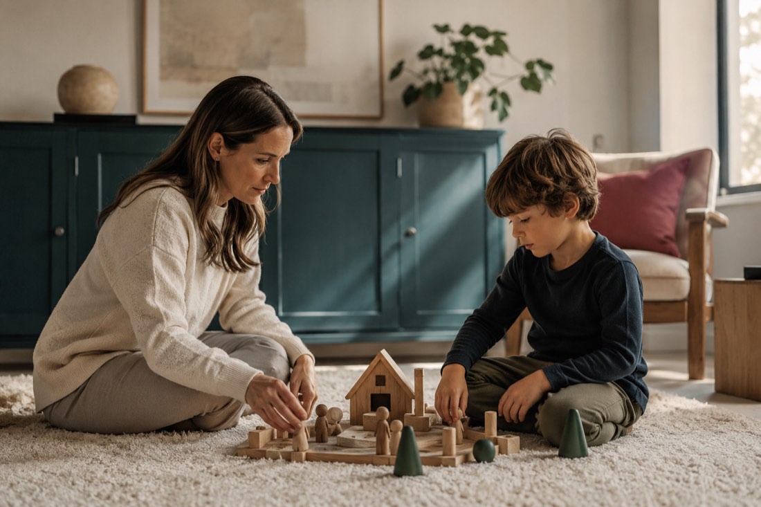 A child and therapist using wooden figures during play therapy