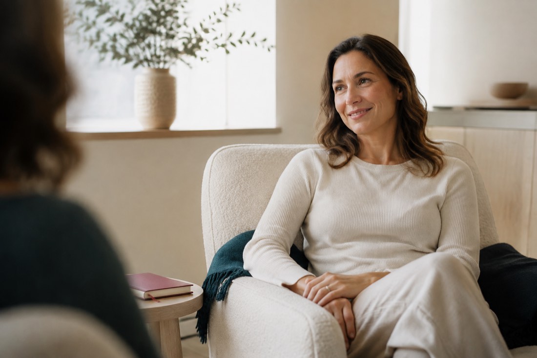 A relaxed woman smiling during a private therapy conversation