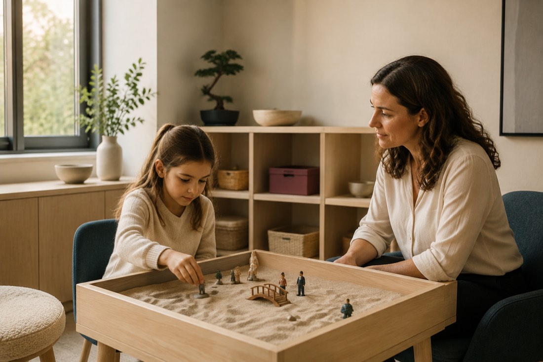 A child arranging miniature figures in a sand tray with a therapist nearby