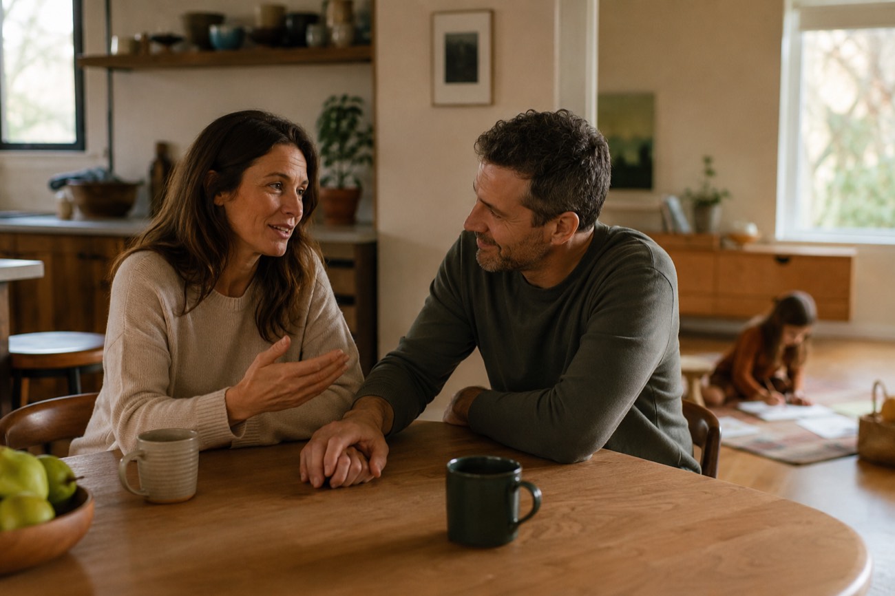 A couple in warm conversation at their kitchen table while their child draws nearby