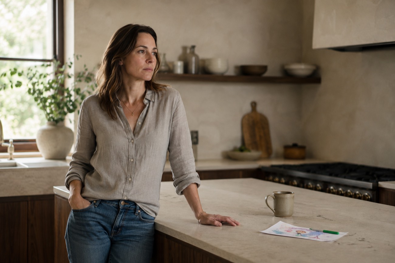 A capable-looking woman pausing at her kitchen counter, lost in thought